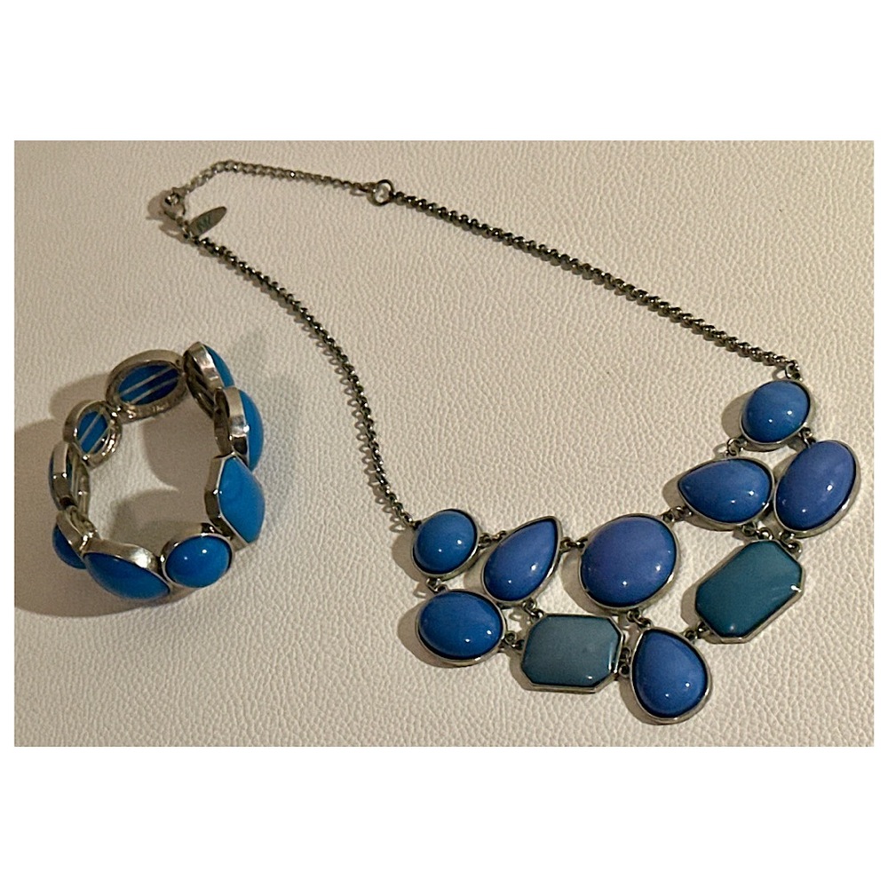 New York & Company Blue Statement Necklace & Bracelet Set Silver Tone
